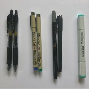 7pcs- Assorted Pens- G2 pens, Pigma Micron pens, brush pens, Copic Sketch marker